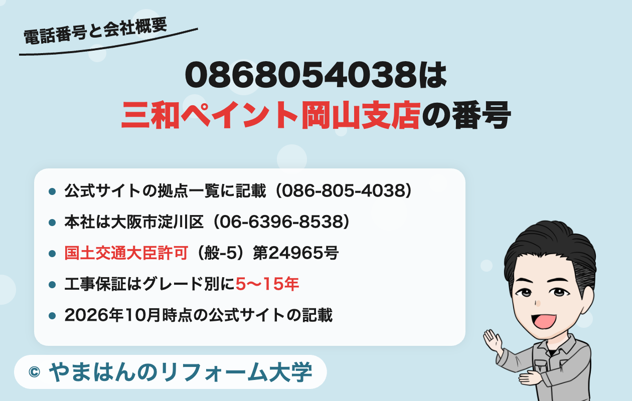 0868054038は三和ペイント岡山支店の番号（公式サイトの拠点一覧・2026年10月時点）