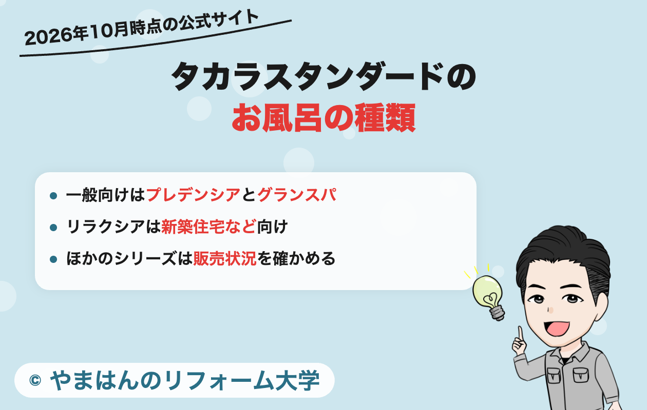 タカラスタンダードのお風呂の種類(2026年10月時点の公式サイト)